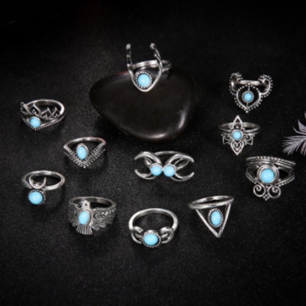 ๐ 11PC: SILVER & TEAL BOHO MIDI RINGS MOON CHIC RING BUNDLE SET TURQUOISE MOON - Picture 5 of 7